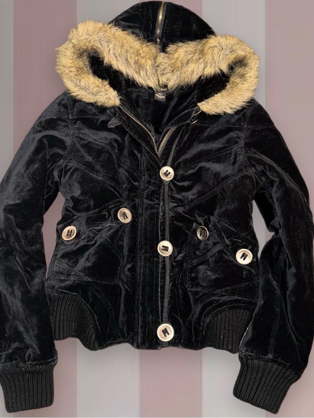 Guess Y2K velvet faux-fur-hood trim winter Jacket
